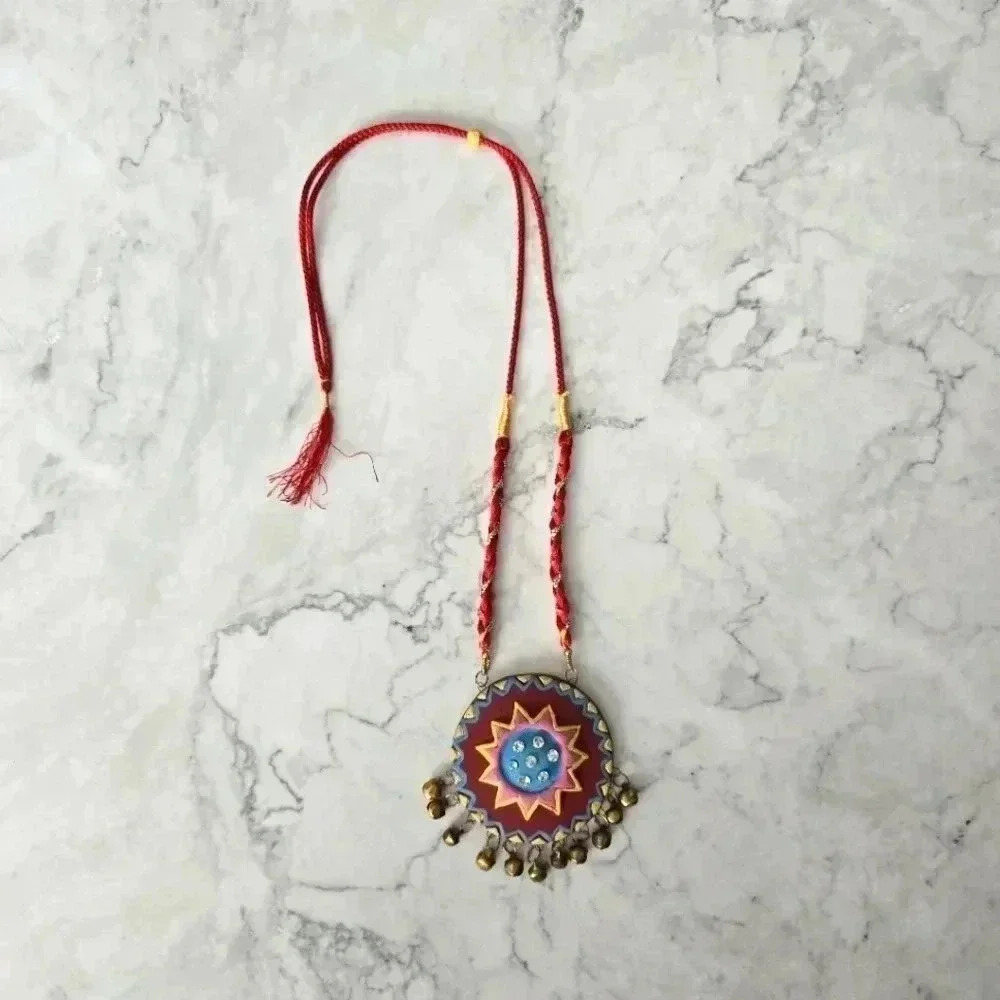 Red Circle Bell Pendant Rhinestone Clay Fashion Jewelry Necklace